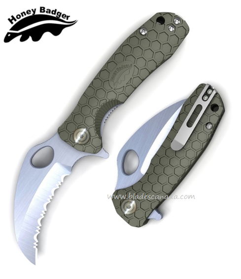 Honey Badger Medium Claw Flipper Folding Knife, Serrated, FRN Green, HB1133